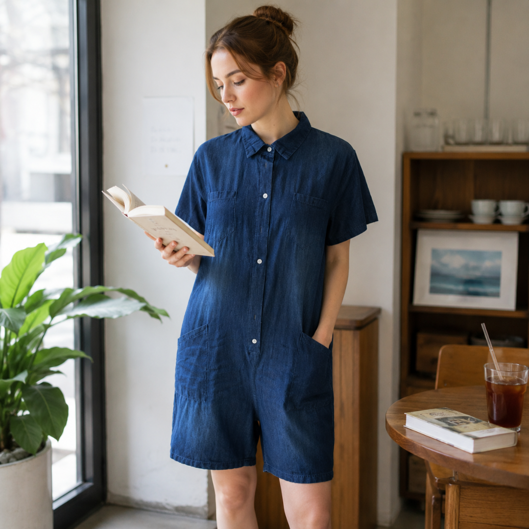 Combishort femme effet jean bleu, col chemise boutonné, lecture près d'une fenêtre