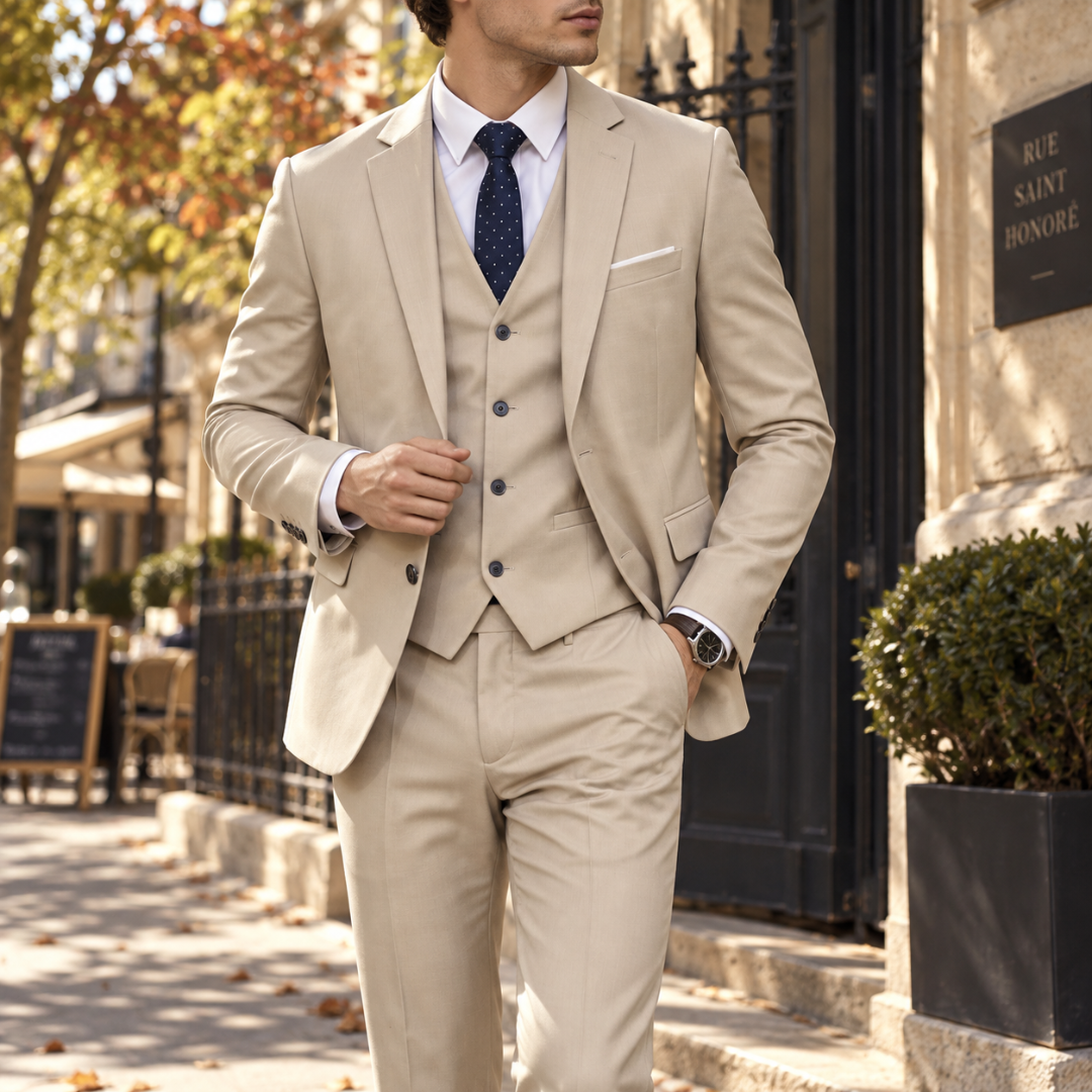 Costume homme beige avec gilet assorti, poches à rabat et chemise blanche