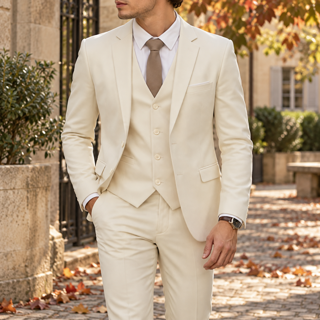 Costume homme blanc cassé trois-pièces avec gilet boutonné et cravate taupe