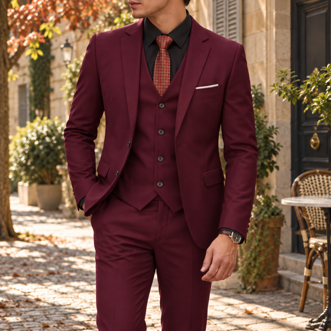 Costume homme bordeaux avec gilet assorti, chemise noire et cravate à motifs