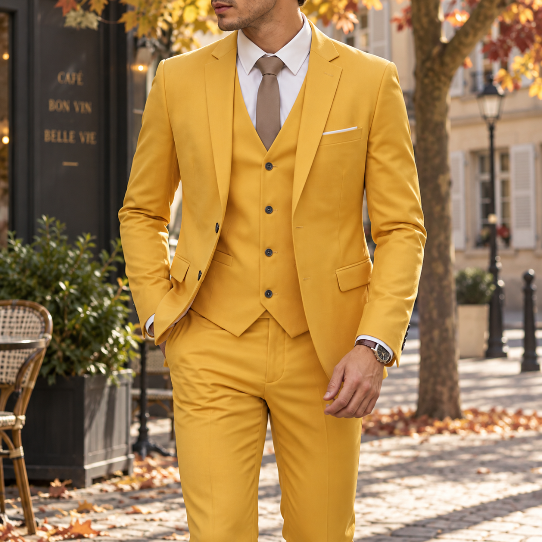 Costume homme jaune moutarde avec gilet à col en V et veste deux boutons