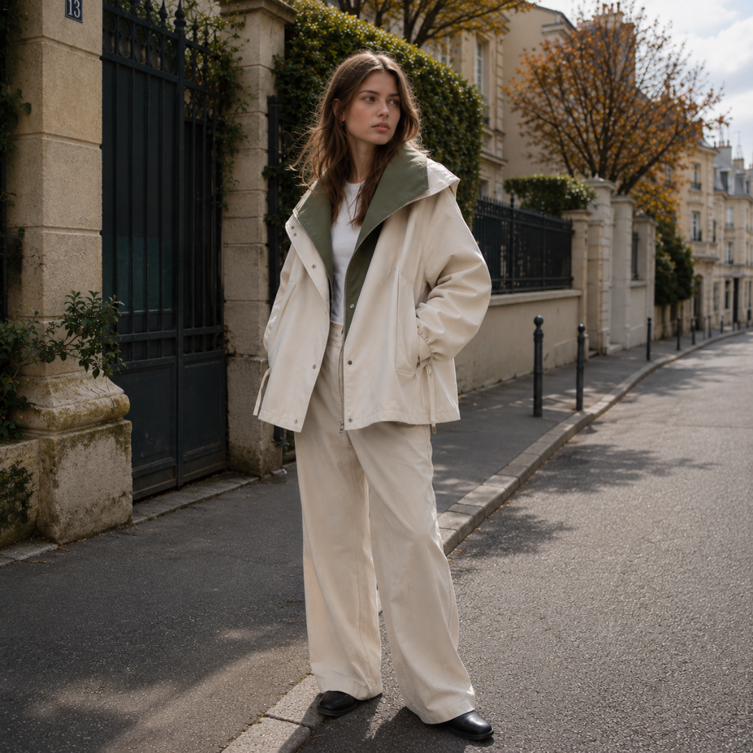 Coupe-vent blanc ouvert avec fermeture zippée, boutons pression et col vert