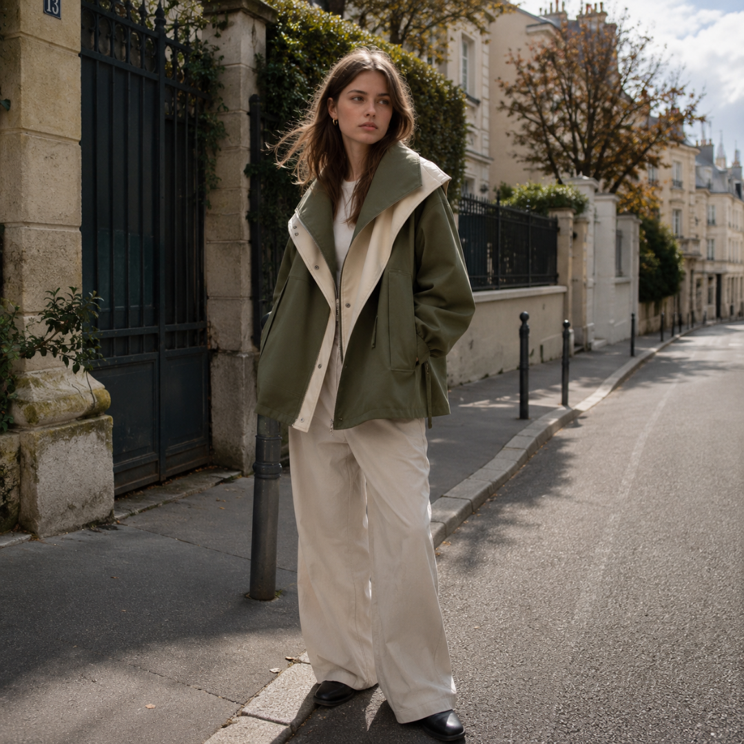 Coupe-vent femme vert à capuche avec large col contrastant blanc et zip