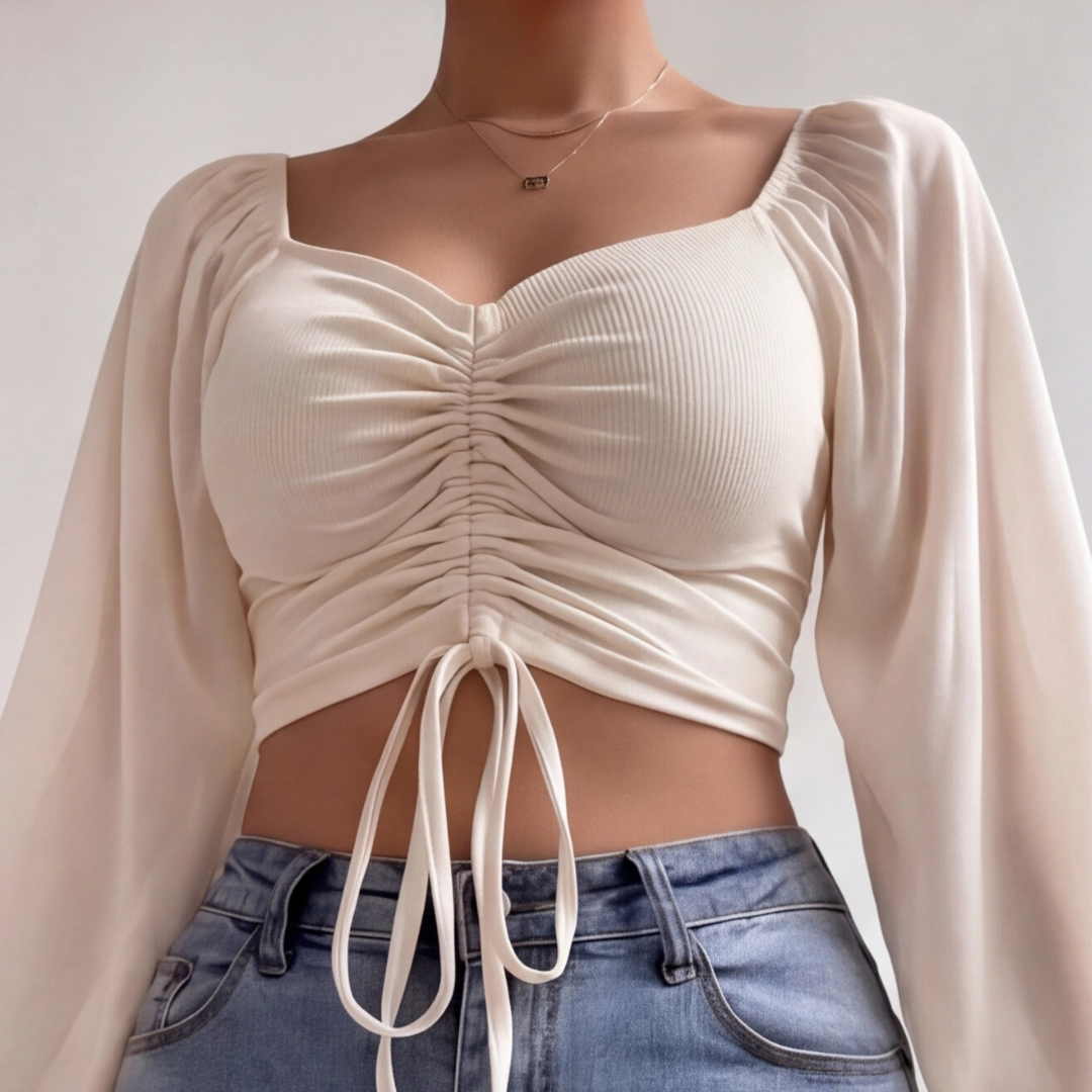 Crop top beige froncé au centre, manches bouffantes et col cœur