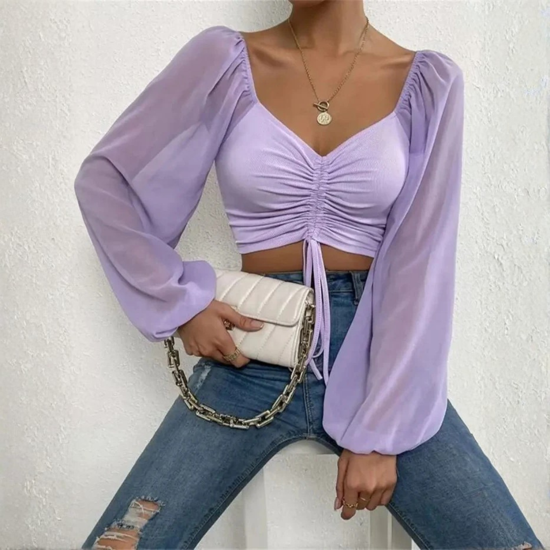Crop top lila manches longues transparentes, col cœur froncé et lacet