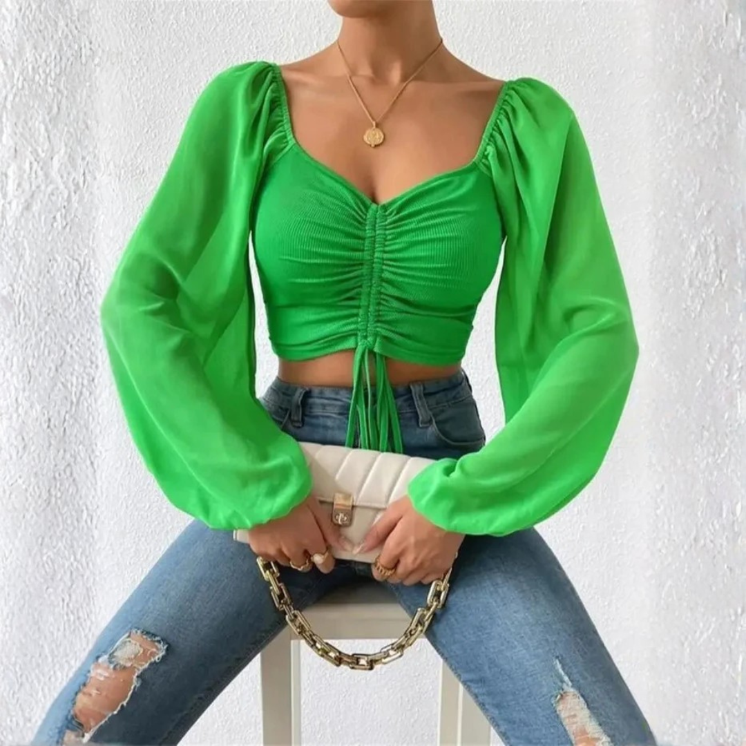 Crop top vert clair court, fronces centrales et manches bouffantes légères