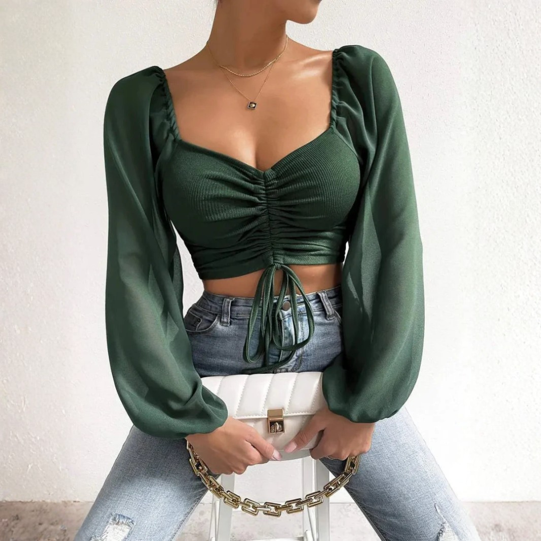 Crop top vert foncé froncé au centre avec col cœur et lacet