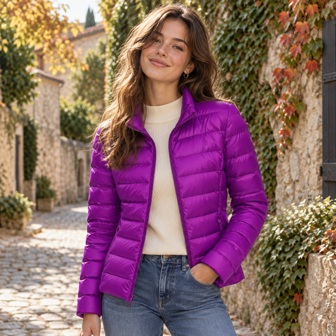 Doudoune magenta femme portée ouverte sur un pull écru et un pantalon droit