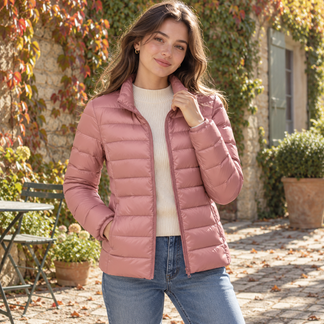 Doudoune femme teinte or rose, col montant tenu à la main et fermeture éclair ouverte
