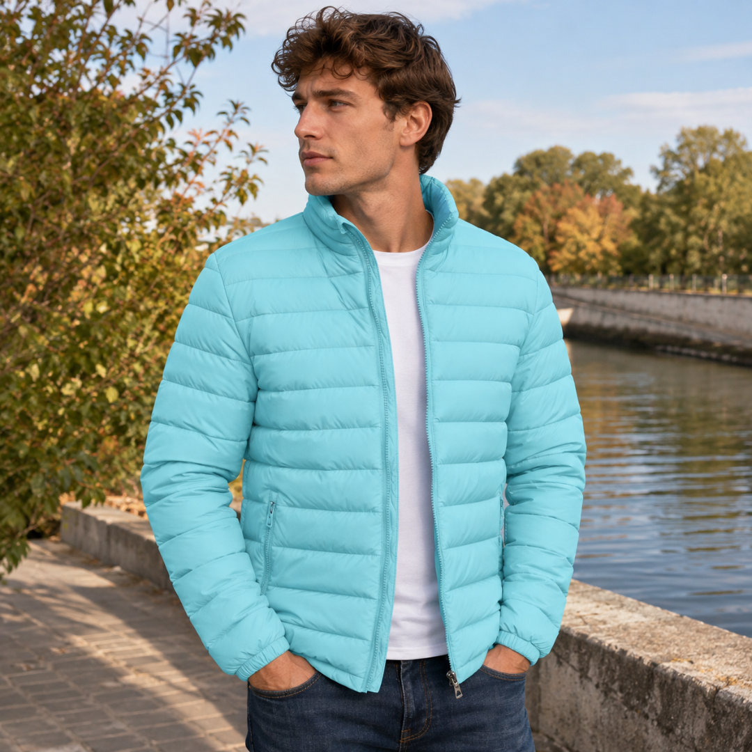 Doudoune homme bleu ciel matelassée avec col montant et poche zippée sur le devant