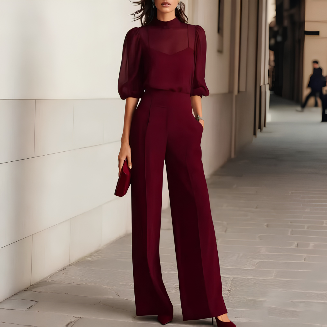 Ensemble 3 pièces femme rouge bordeaux pantalon large et top résille
