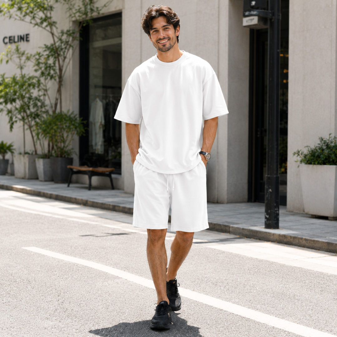 Homme portant l'ensemble t-shirt et short blanc, marche décontractée en extérieur