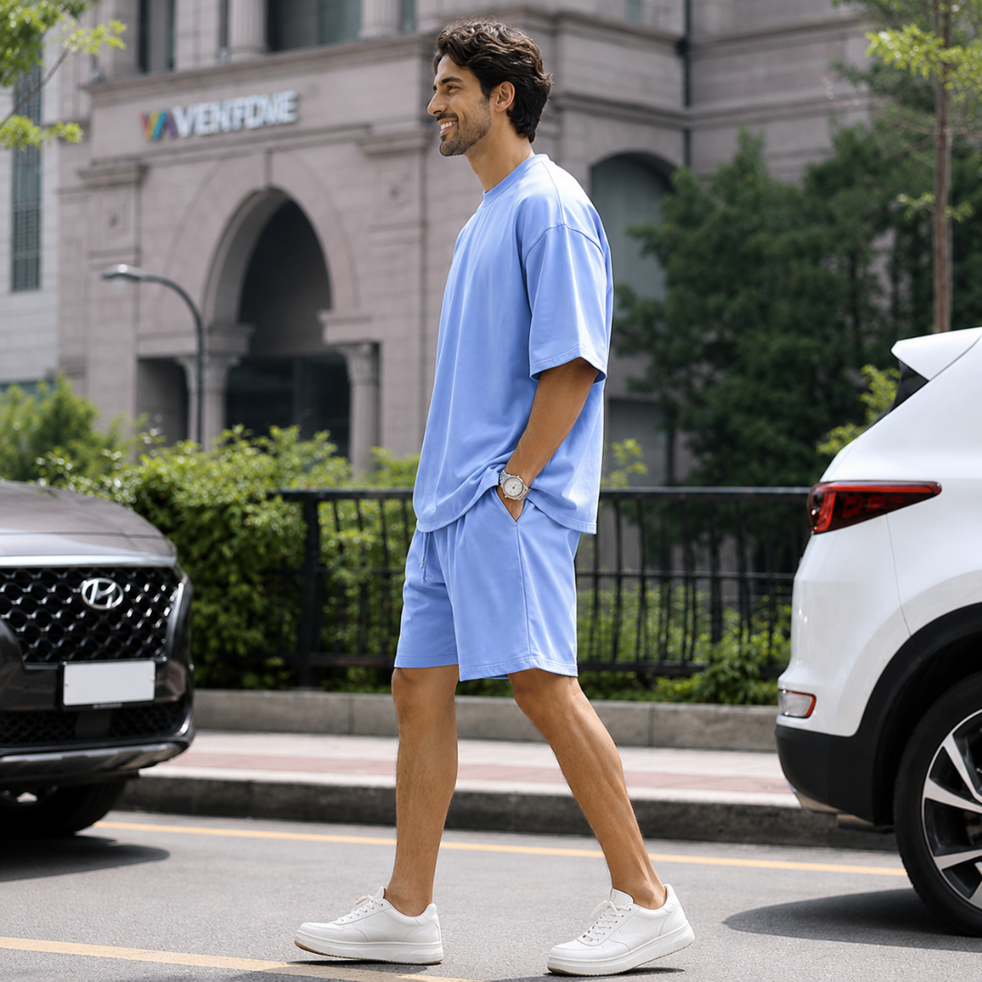 Homme de dos en ensemble bleu clair, t-shirt oversize et short assorti