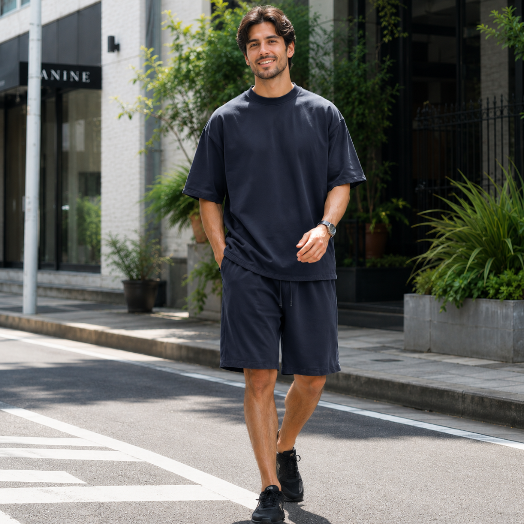 Homme portant l'ensemble bleu marine, t-shirt oversize et short coordonné