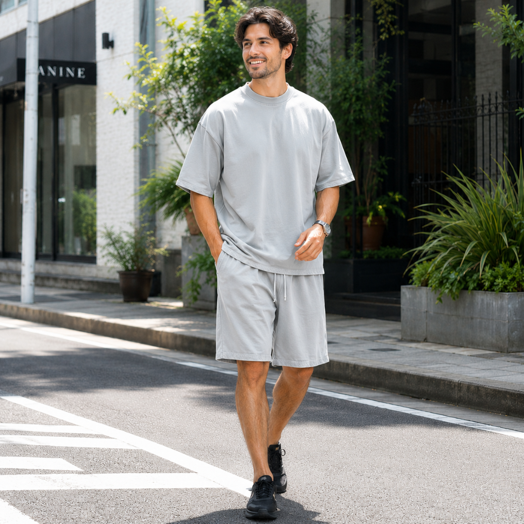 Homme en ensemble gris clair oversize, vue de dos dans une rue urbaine