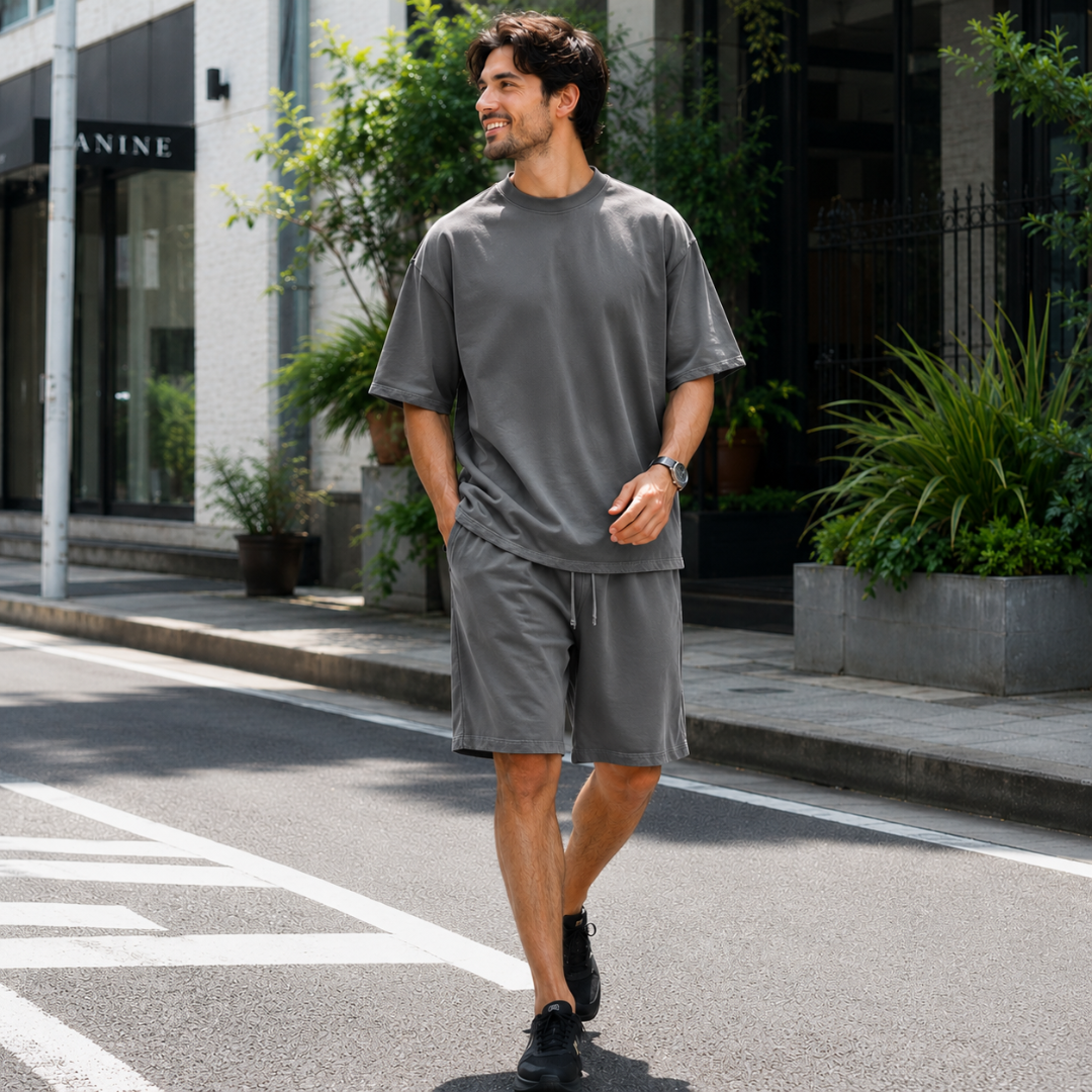 Homme en ensemble gris foncé, allure décontractée en extérieur