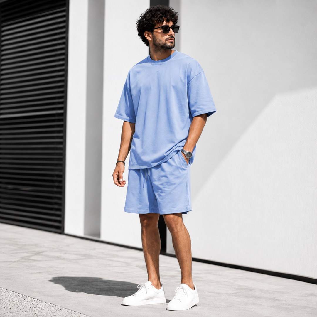 Homme en ensemble bleu clair t-shirt manches courtes et short décontracté vue de face