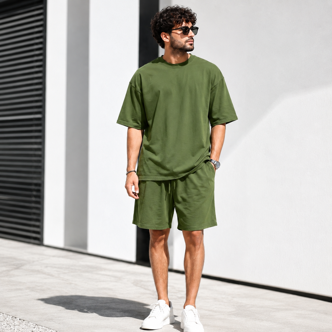 Ensemble deux pièces vert homme t-shirt oversize et short décontracté