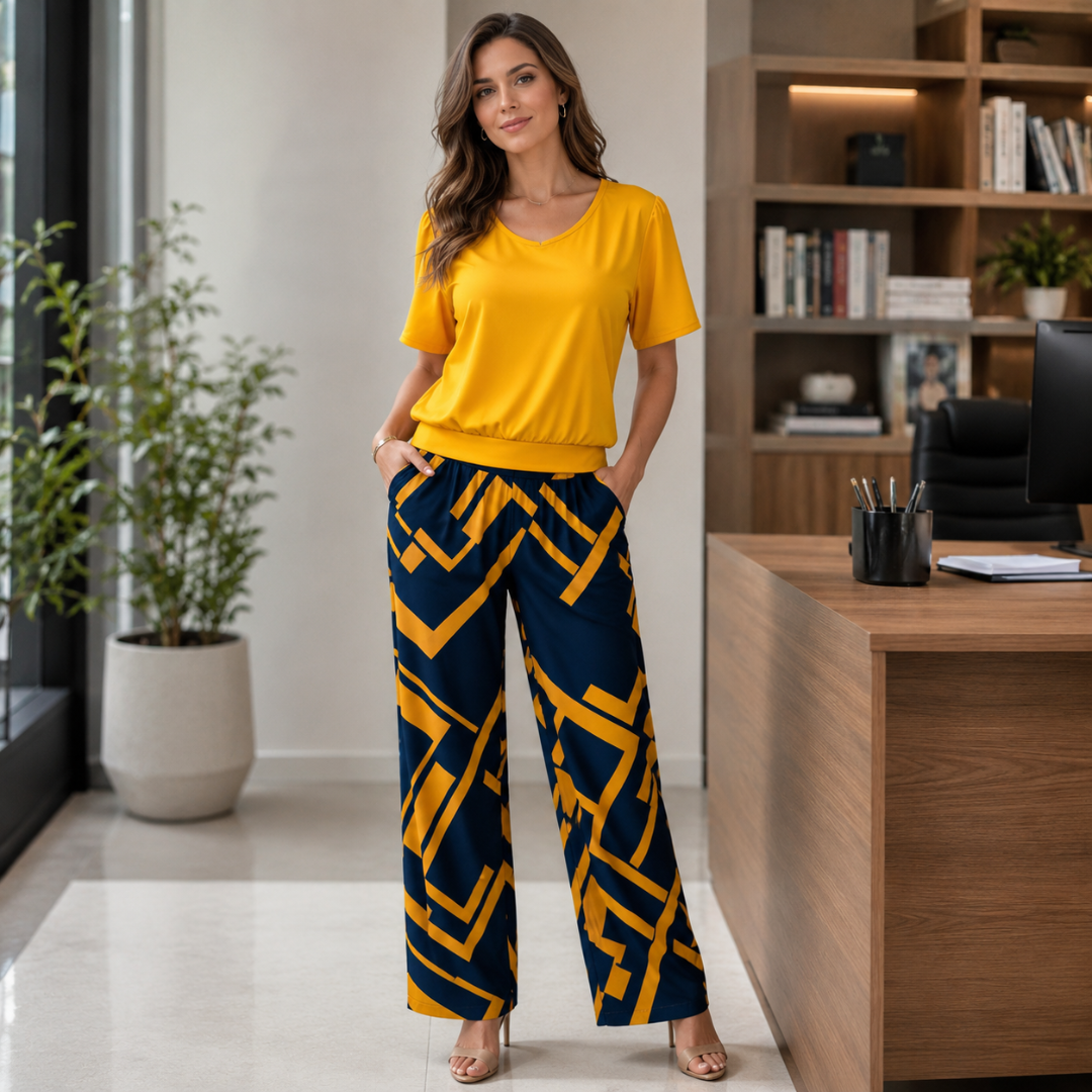 Top jaune uni et pantalon large à imprimé géométrique bleu marine et jaune