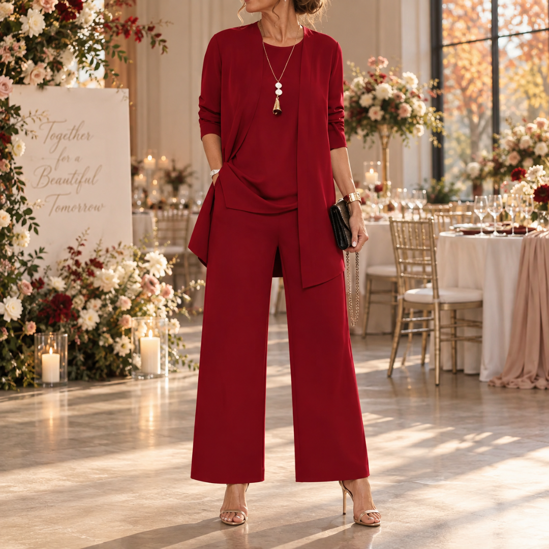 Ensemble bordeaux femme, veste longue sans fermeture et pantalon à jambes larges