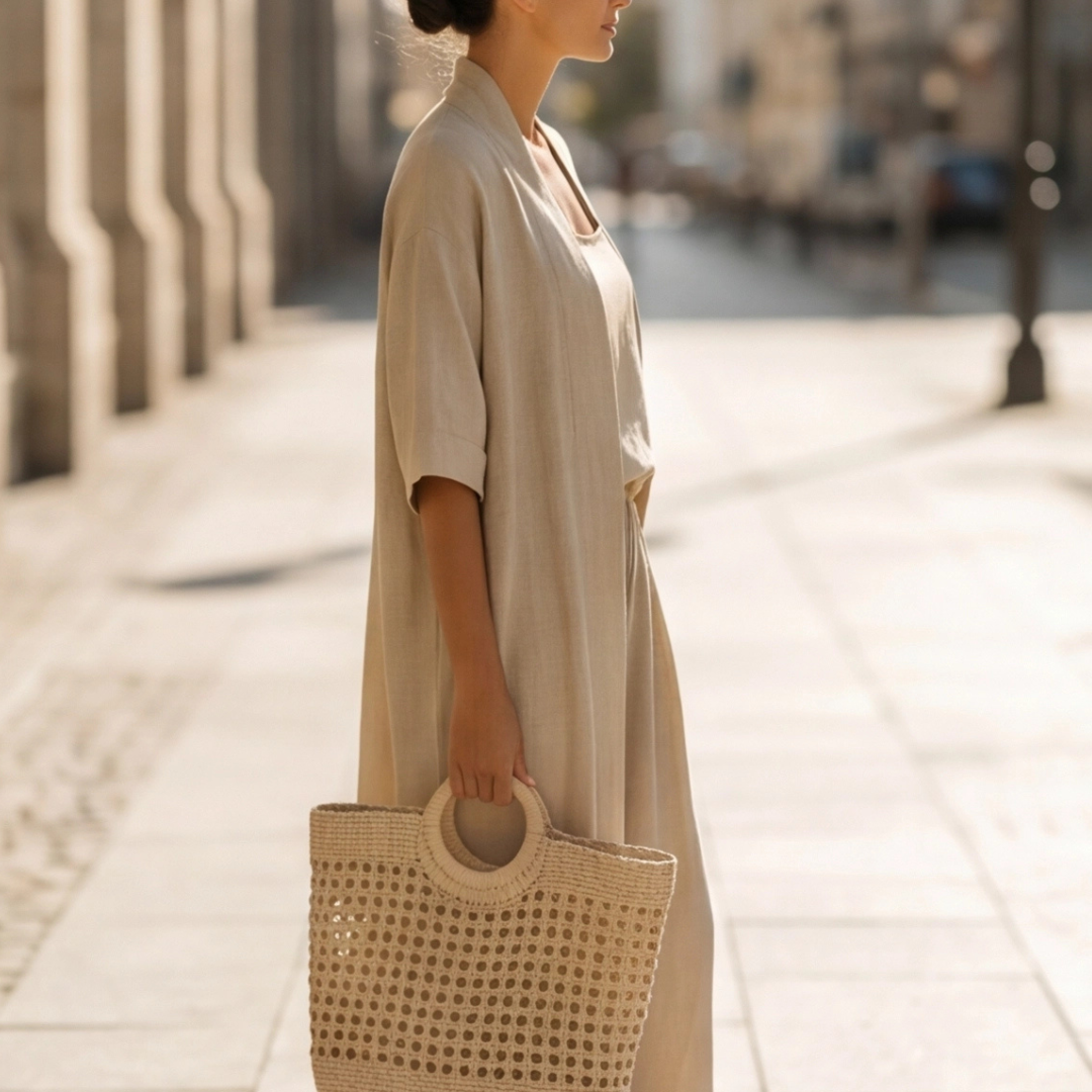 Ensemble Laila kaki porté en extérieur, détail du kimono ouvert et pantalon fluide