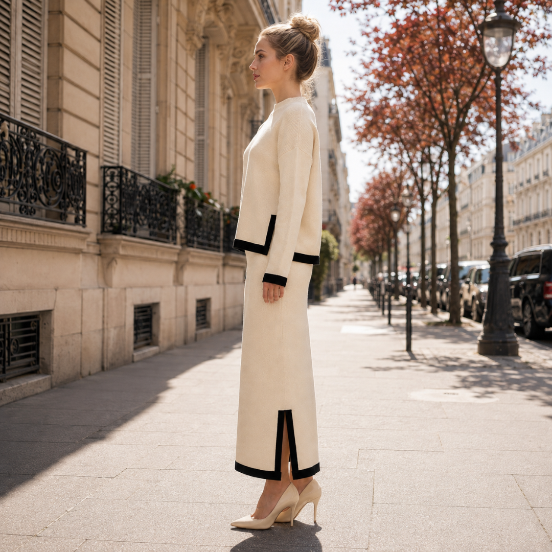Vue de profil de l'ensemble beige, jupe longue à fente latérale bordée de noir