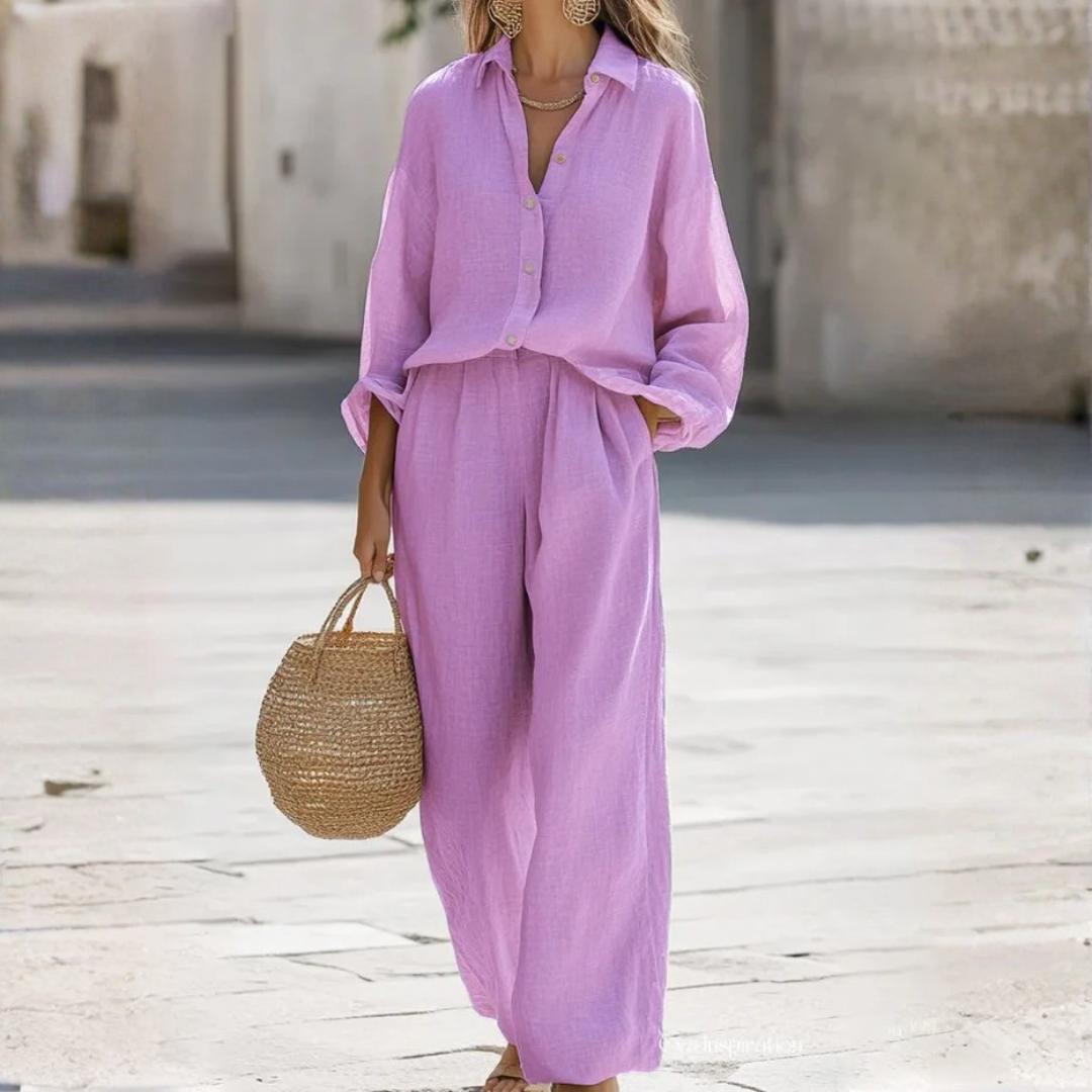 Ensemble femme coloris lilas, chemise manches longues et pantalon fluide