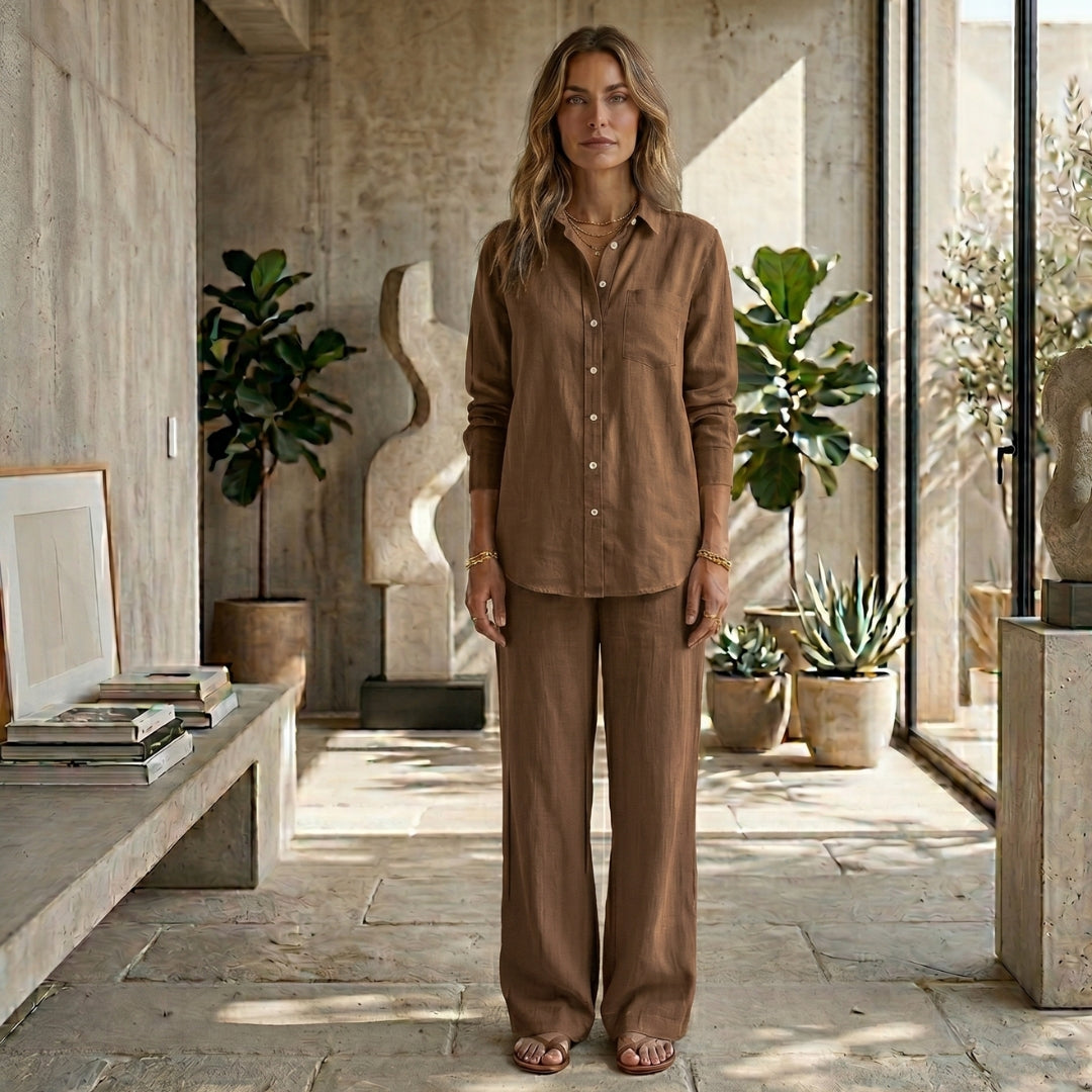 Ensemble deux pièces femme marron caramel chemise manches longues et pantalon large