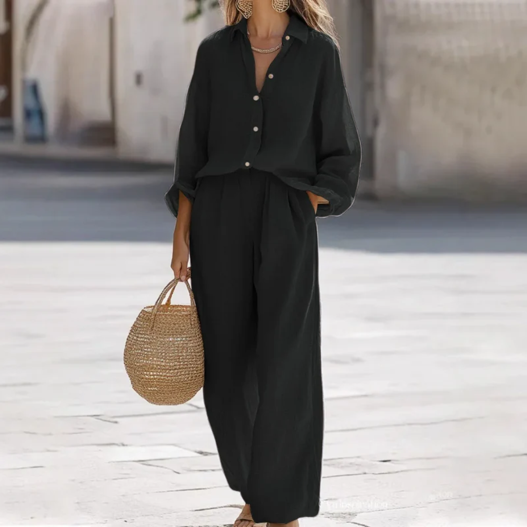 Ensemble femme coloris noir, chemise boutonnée oversize et pantalon large