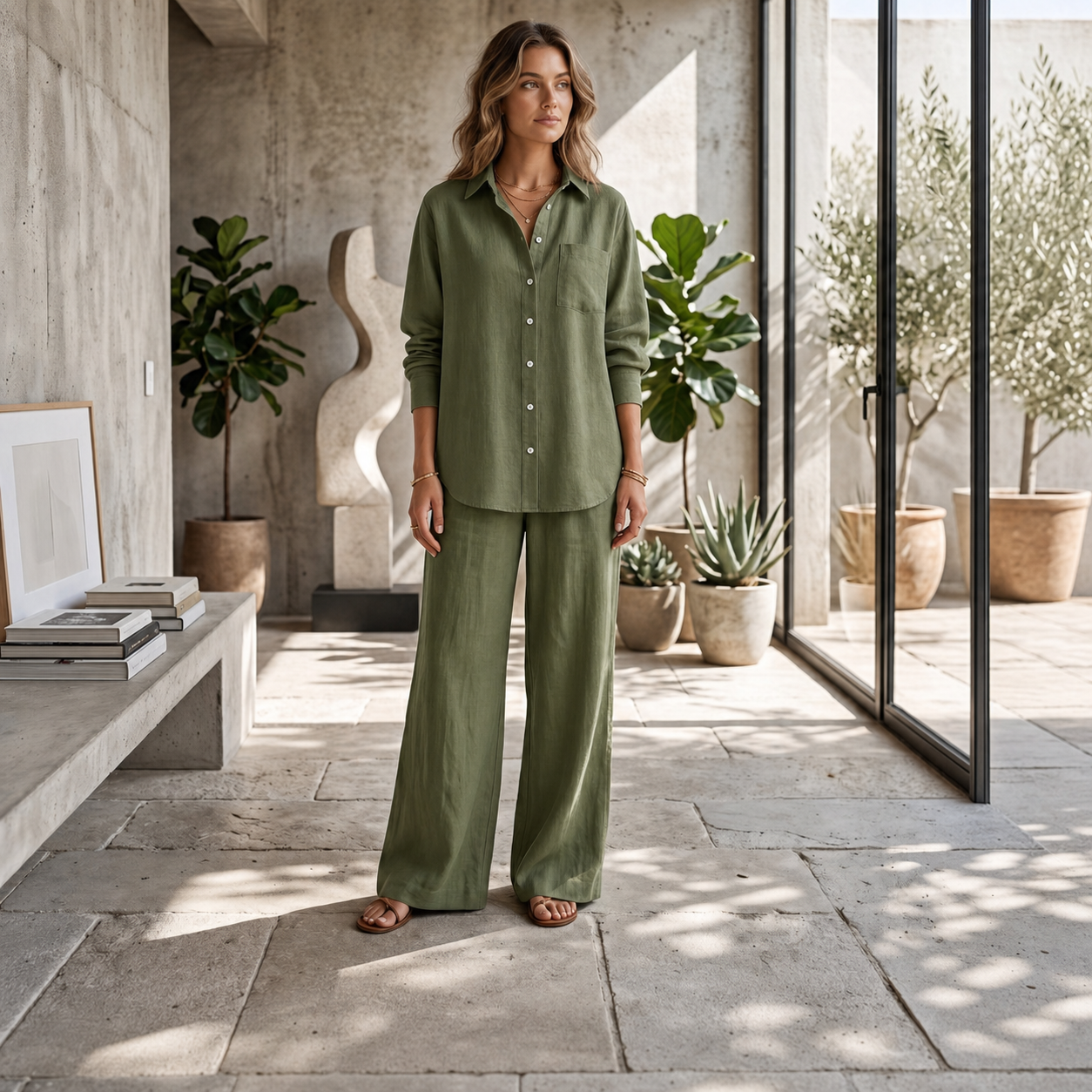Ensemble deux pièces femme vert sauge chemise boutonnée et pantalon large fluide vue de face