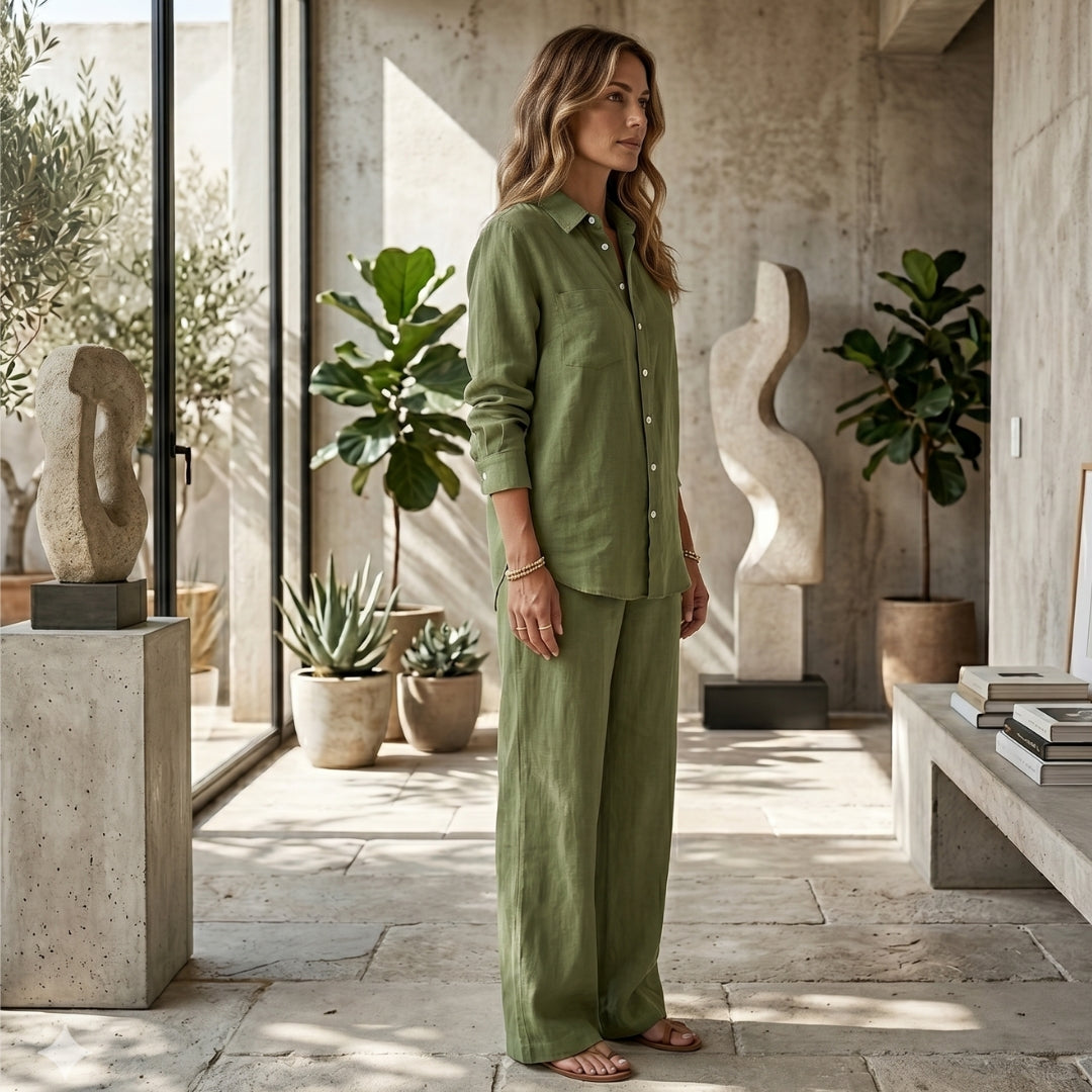 Ensemble coordonné femme vert coupe loose chemise col classique et pantalon taille élastique