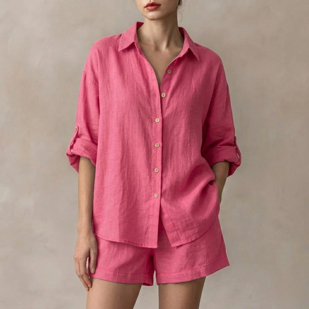 Ensemble femme chemise et short rose, vue de face