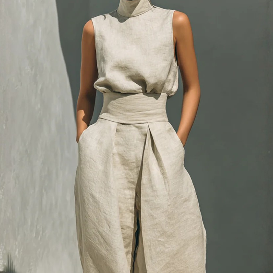 Ensemble kaki vue de dos, top sans manches col montant et pantalon à pli