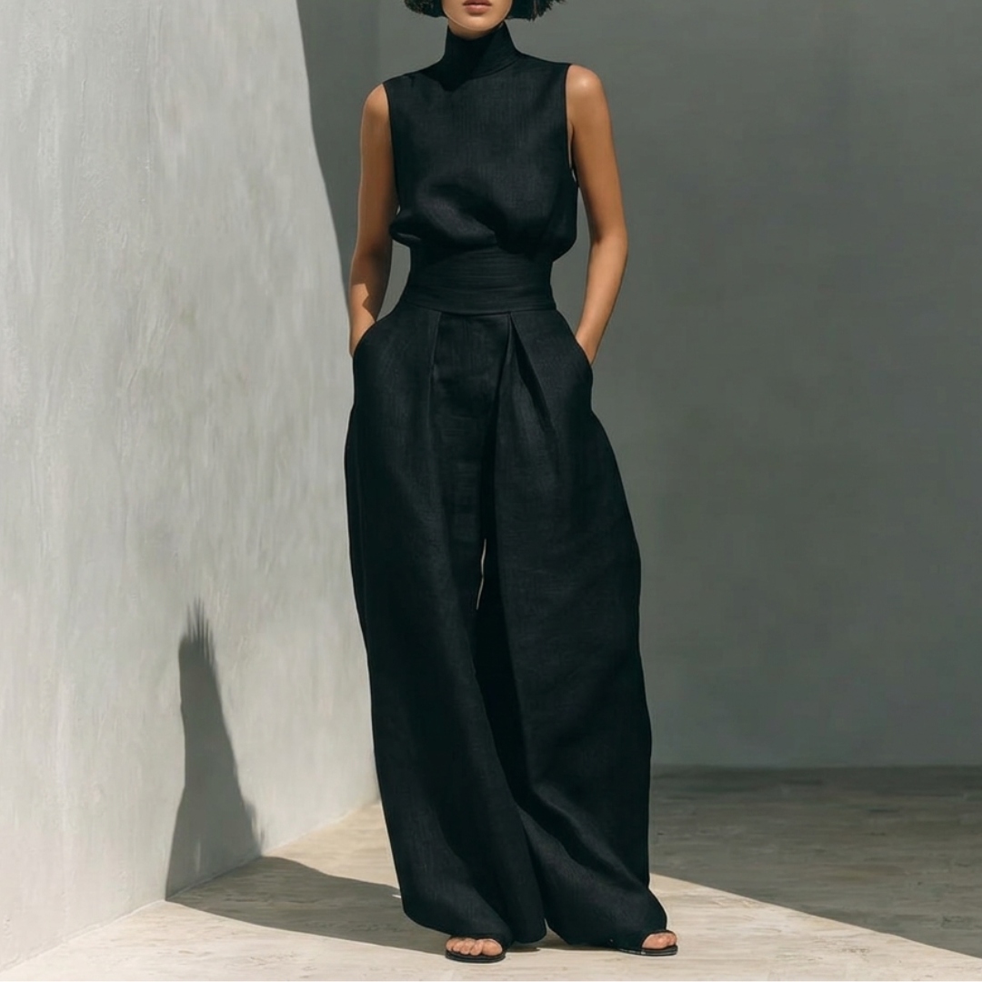Ensemble deux pièces noir vue de face, top sans manches col montant et pantalon large