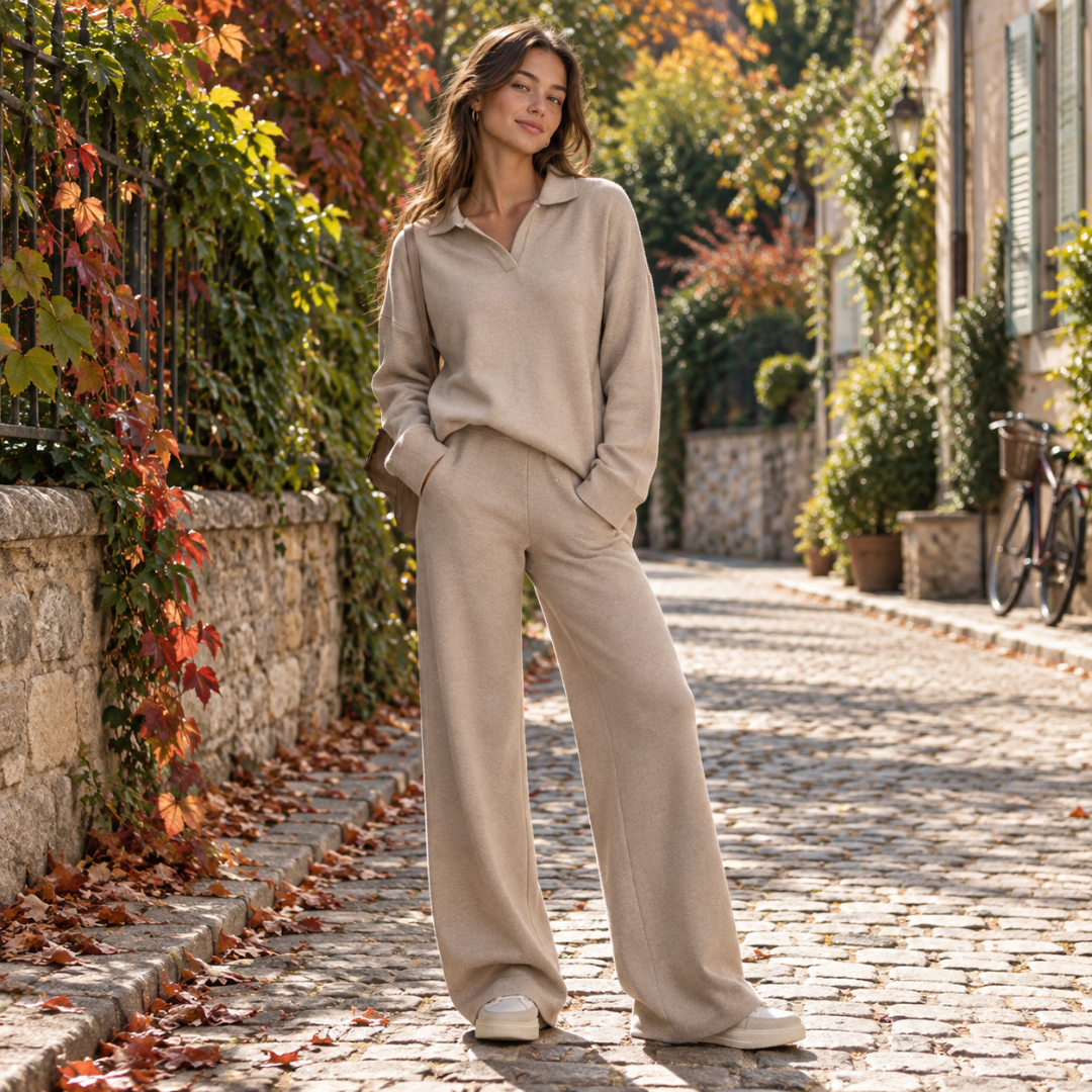 Ensemble femme beige, pull à col polo et pantalon large en maille