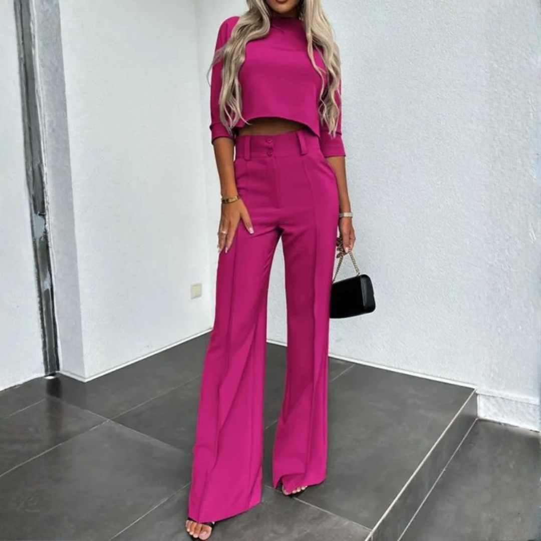 Ensemble coordonné femme rose, haut manches longues et pantalon fluide