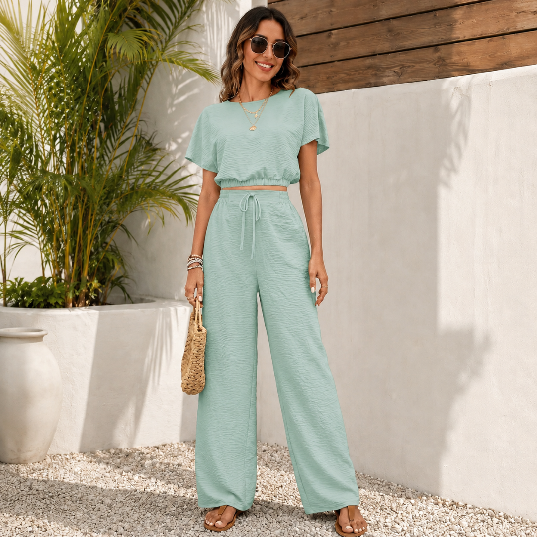 Ensemble deux pièces femme bleu clair crop top et pantalon large été