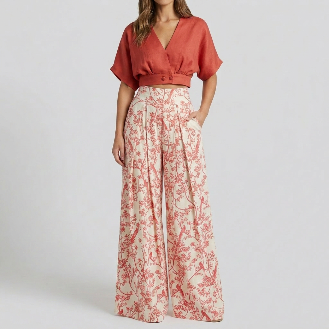 Ensemble femme top rouge col V croisé et pantalon large floral, vue de face