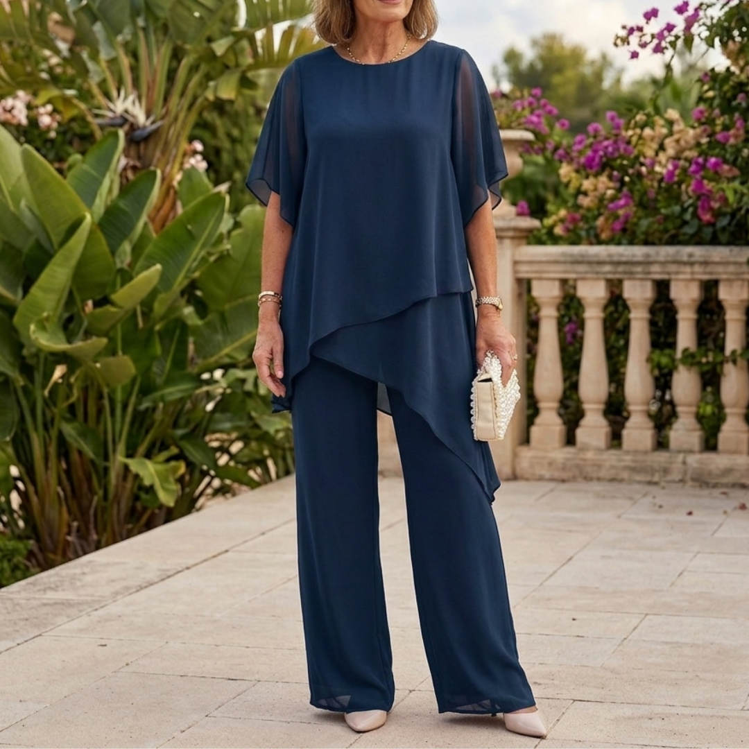 Ensemble femme bleu marine top voilé manches courtes et pantalon palazzo élégant