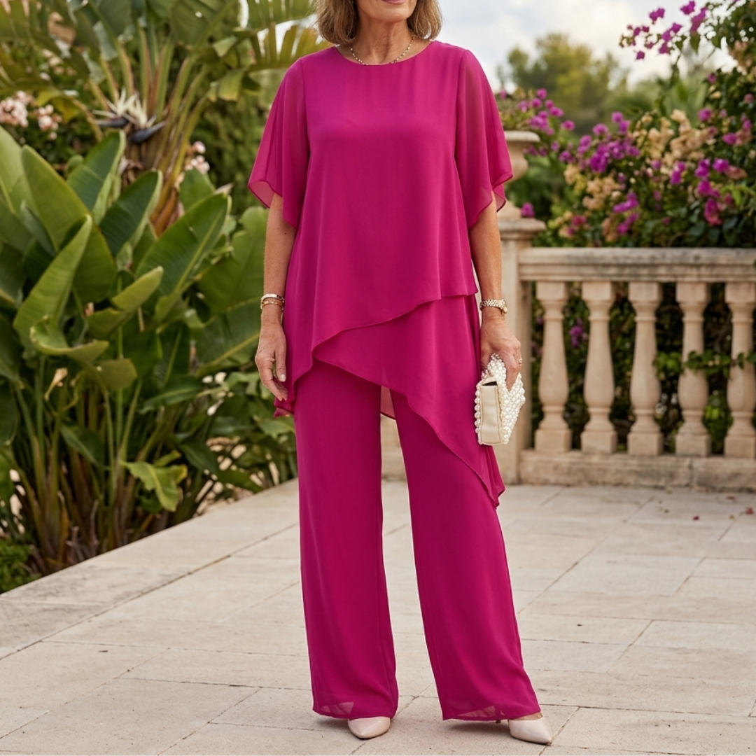 Ensemble deux pièces femme rouge rose top asymétrique et pantalon fluide habillé