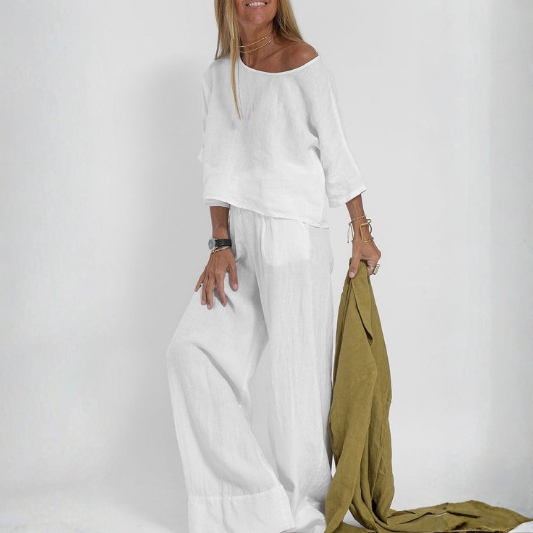Ensemble lin blanc femme, détail coupe ample et pantalon large