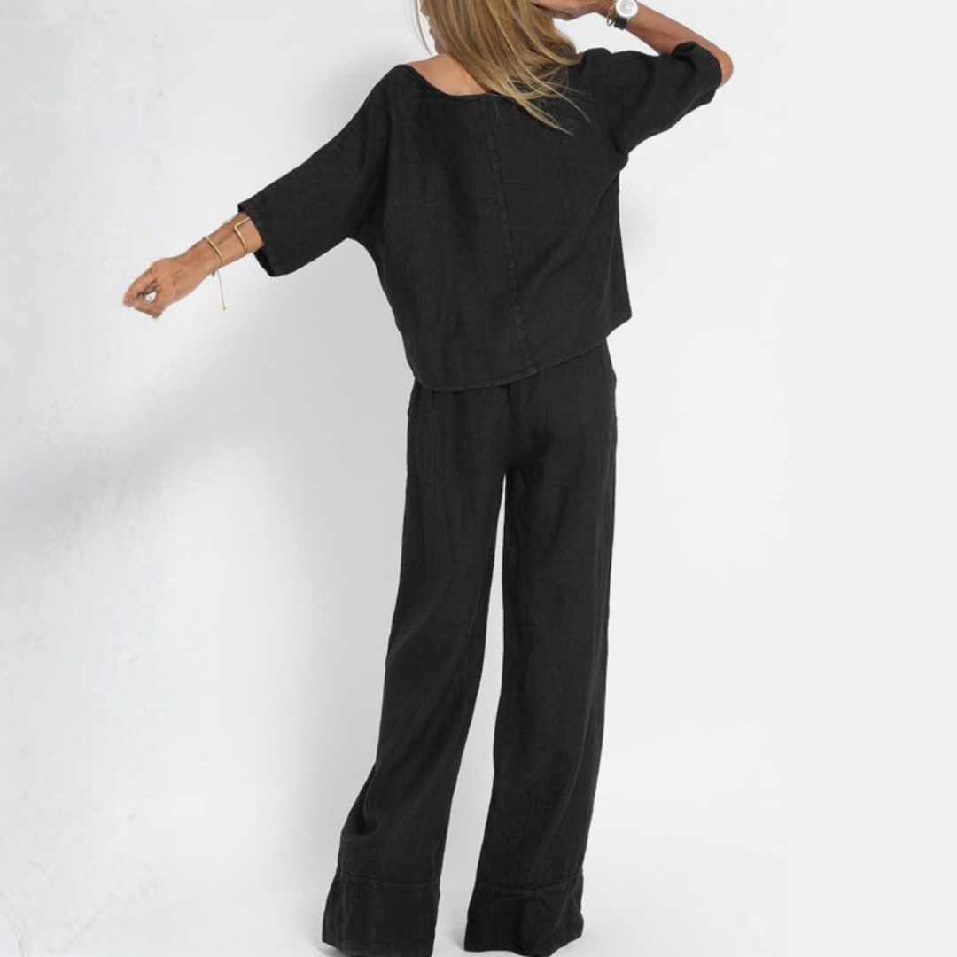 Ensemble lin noir femme, vue de dos pantalon large et top