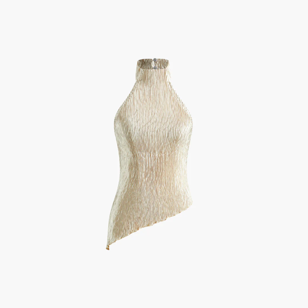 Top halter champagne plissé, vue de face sur fond neutre