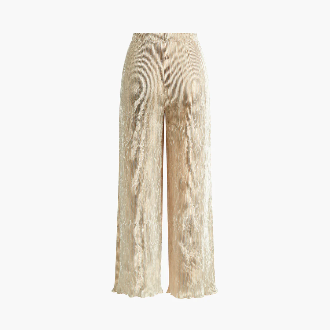 Pantalon large champagne plissé, vue de dos sur fond neutre