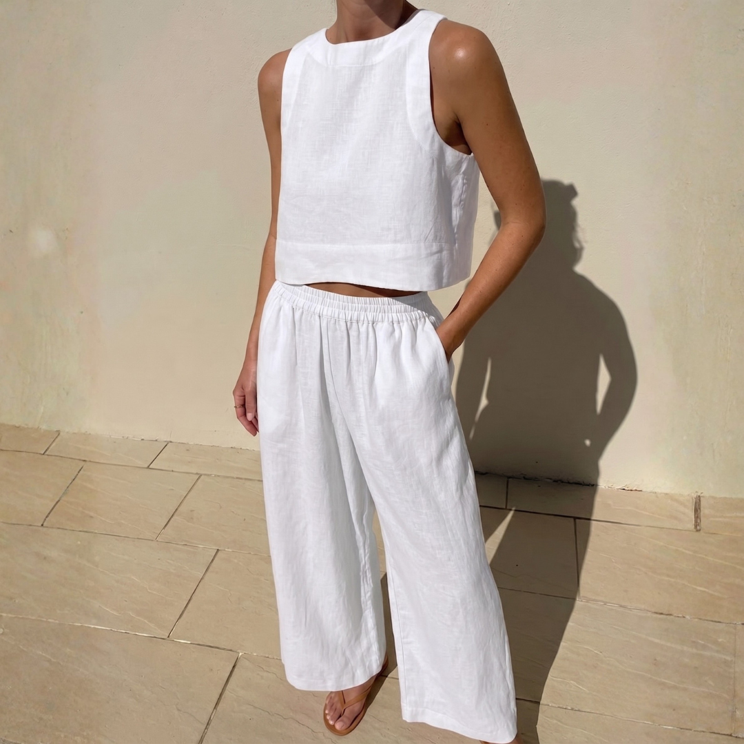 Ensemble deux pièces blanc femme, top crop et pantalon large estival