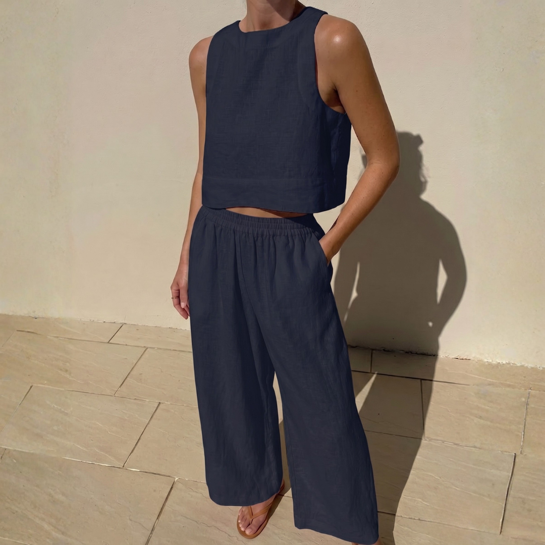 Ensemble coordonné bleu marine femme, top crop encolure ronde et large pantalon