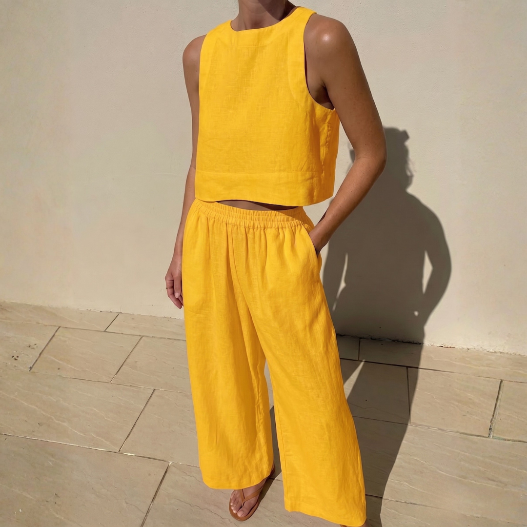 Ensemble coordonné jaune femme, top sans manches et pantalon wide-leg