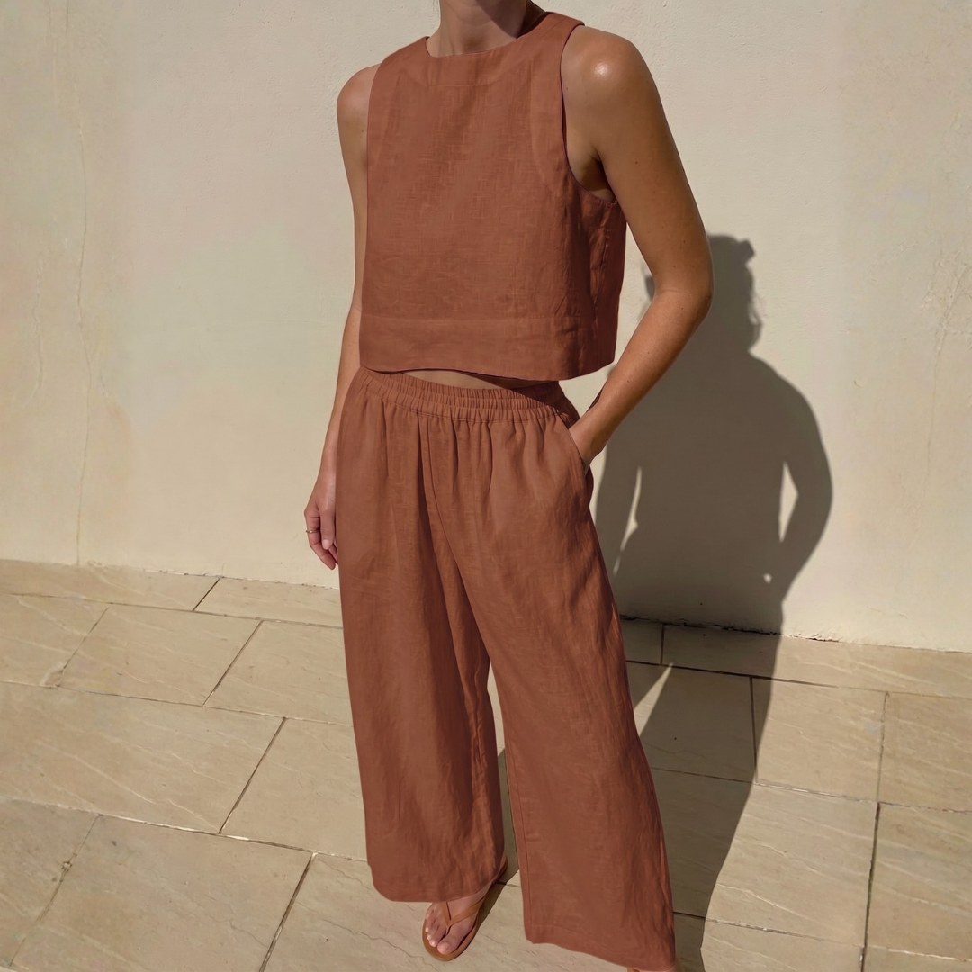 Ensemble deux pièces marron femme, top crop et pantalon large taille élastique