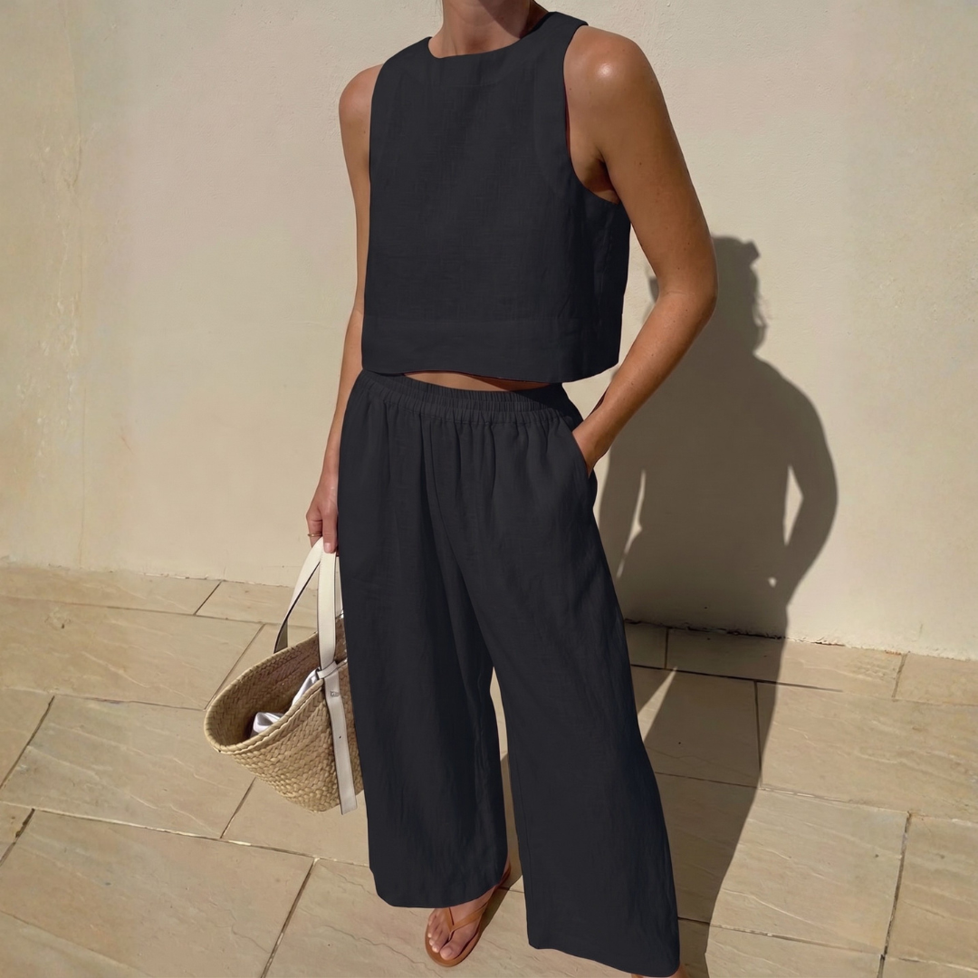 Ensemble deux pièces noir femme, top sans manches et pantalon wide-leg