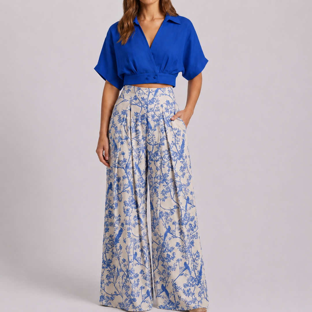 Ensemble deux pièces bleu, top court et pantalon large à motif floral